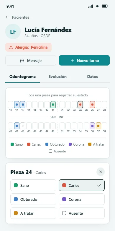 Ficha clínica con odontograma interactivo por pieza en DentalFLOW